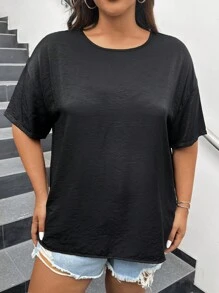 SHEIN EZwear Camiseta de verano de talla grande para mujer de unicolor con cuello redondo, ajuste holgado, hombros caídos y sensación fresca - Negro - Ver 3