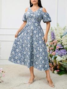 Modelyn Plus Size Elegant Flower Jacquard Open Shoulder Dress, Summer - Blue - View 6