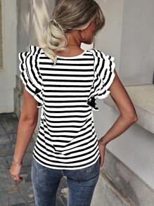 Opuloom Women's Summer Casual Striped Round Neck Cap Sleeve Tee Graphic Tees Women Tops - Black and White - View 2