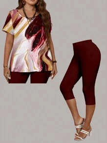 EMERY ROSE 大尺碼女士夏季休閒大理石圖案印花T恤和七分褲套裝