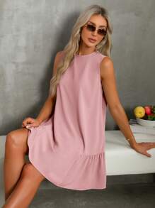 SHEIN Essnce 波西米亚风连衣裙淡蓝色连衣裙亚麻女式条纹圆领无袖休闲迷你连衣裙 - 粉色 - 查看 5