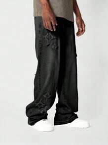 SUMWON Loose Fit Jean With Applique - Black - View 1