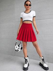 SHEIN Unity Falda miniatura plisada de color liso para ropa de Año Nuevo para mujeres - Rojo - Ver 4