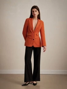 Aveloria Modichic Solid Color Buttoned Waist Belt Pocketed Slimming Long Sleeve Blazer