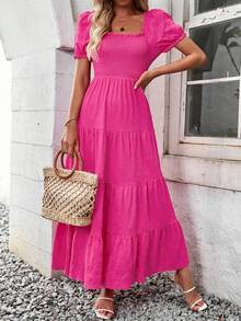 Chiquease Vestido elegante de manga larga con volantes, cuello cuadrado y unicolor para las vacaciones de verano de las mujeres - Rosa Fucsia - Ver 5