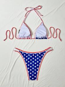 SHEIN Swim 女式夏季沙灘美國國旗印花領繩帶性感比基尼套裝 - 彩色 - 查看 2
