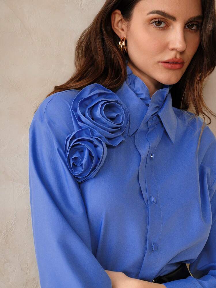 Casual Women's Blue Shirt With 3D Flower Decor For Daily & Commute
