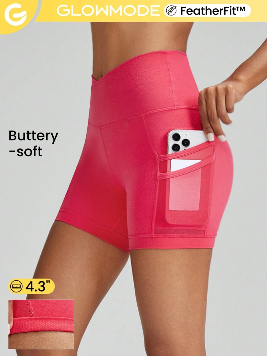 GLOWMODE 4.3" FeatherFit™ Mesh Crossover Biker Shorts Light Support Yoga Pilates Studio Gym Daily - Tropical Pink - View 1