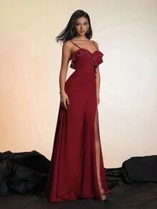 Solid Color Thigh-High Split Spaghetti Strap Maxi Women's Formal Evening Dress Formal Ball Gown - Red - View 3