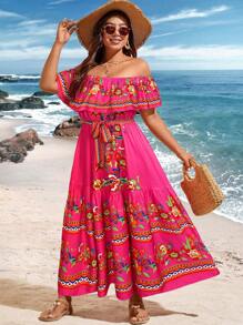 SHEIN Clasi Plus Size Summer Holiday Floral Print Off Shoulder Dress Maxi Women Outfit Boho Dress Womenoff Shoulder Long Dressbohemian Dress For Womenhawaii Dress - Hot Pink - View 6