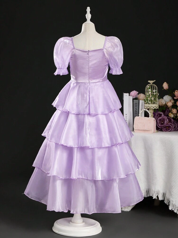 Tween Girl Puff Sleeve Square Neck Polka Dot Jacquard Layered Cake Dress For Wedding, Party Or Birthday