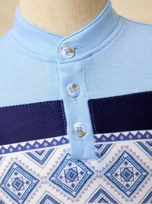 2pcs Spring/Summer Style Baby Boys Eid Mubarak Blue Diamond Printed Top And Washed Denim Shorts Fashionable Baby Boys Outfits - Blue - View 3