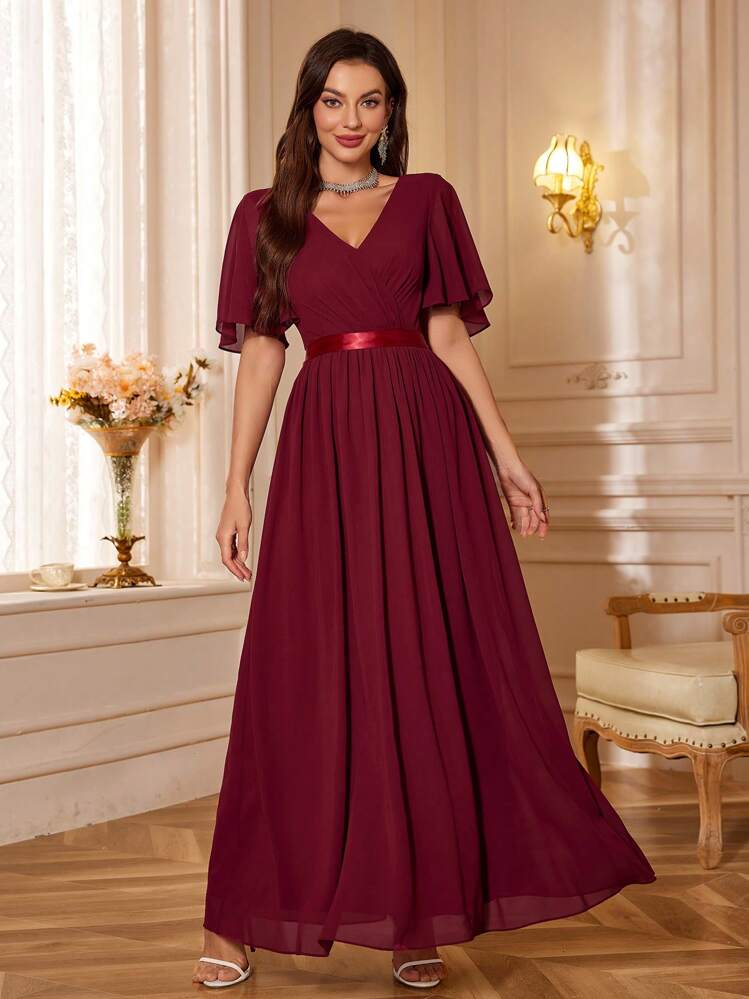 shein burgundy formal dress SHEIN Belle Burgundy Red Women's Elegant Chiffon Evening Party Formal Long  Dress