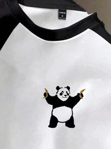Manfinity Joysei Áo thun nam Hypemode đen trắng ghép viền bất đối xứng dễ thương vui nhộn hình gấu trúc tay ngắn, Quà tặng bạn trai, Đi chơi - Đen và trắng - Xem 2