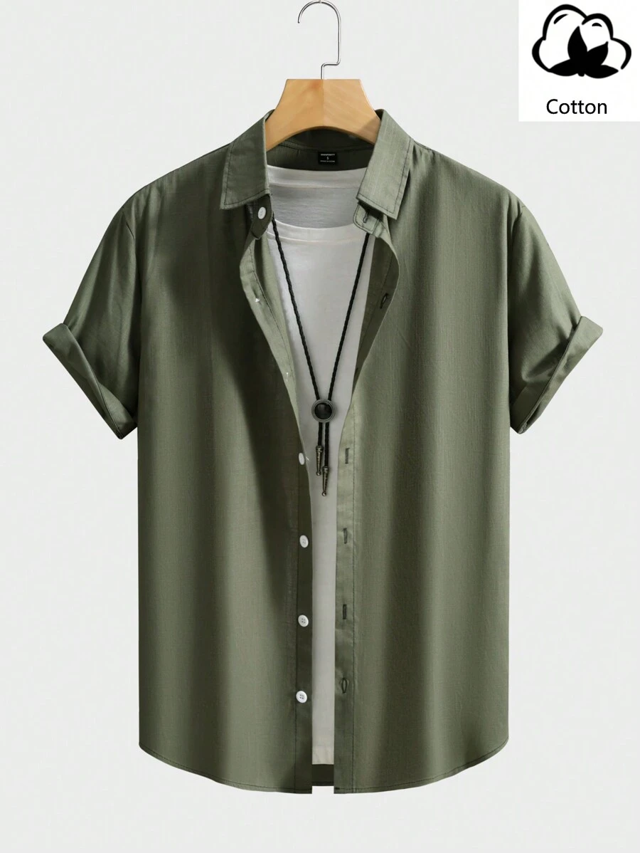 Manfinity Homme Men's Solid Color Short Sleeve Daily Commute Casual Shirt, Summer - Army Green - View 1