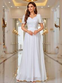 MIUSOL Kontrastierender Paillettenspitzen-Herzausschnitt-Rüschen-Ärmel-Abendkleid in Weiß, elegantes Hochzeitsbrautkleid - Weiss - Übersicht 6