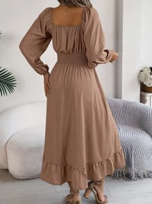 Actual Photo Spring/Summer Elegant Square Neckline Gathered Waist Ruffle Hem Dress - Khaki - View 3