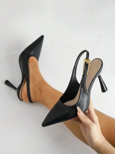 Fall/Winter 2025 Women's Pointy Toe Fashion Buckle Decorative Patent Leather Backstrap Heel Pumps,Elegant,Elegant,Pointed Heels