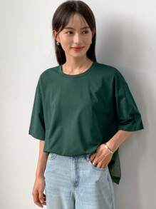 FRIFUL 女士夏季宽松纯色圆领短袖网眼撞色 T 恤 - 綠色 - 查看 5