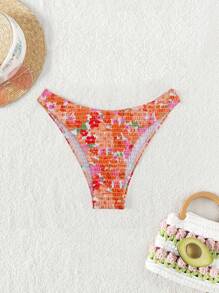 SHEIN Swim Women's Summer Beach Orange Floral Print Bikini Bottom With Random Print - Multicolor - View 5
