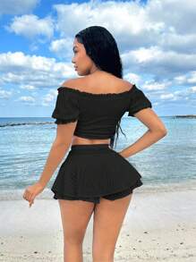 SHEIN SXY 海滩；夏季度假服装公主袖荷叶边假日白色两件套 - 黑色 - 查看 2