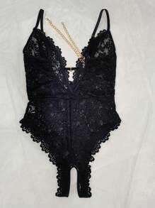 Lace & Metal Chain Sexy Backless Bodysuit, One-Piece - Black - View 4