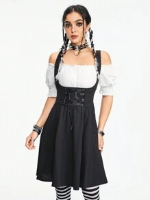 ROMWE Goth Women's Summer Off-Shoulder Strap Dress With Rope Design 2 In 1 - Black and White - View 1