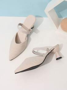 女士春秋新款尖头半拖鞋高跟鞋，两穿式，优雅穆勒鞋 - 米色 - 查看 5