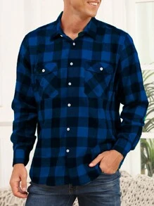 Men Plaid Print Flap Pocket Shirt - Blue - View 1