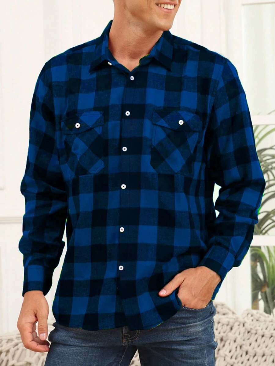 Men Plaid Print Flap Pocket Shirt - Blue - View 1
