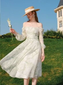 紮染圖案一字肩胸部褶皺連衣裙 - 綠色 - 查看 5