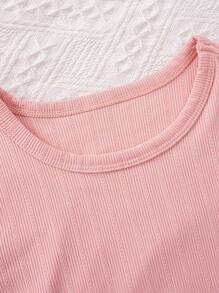 Girls' Pink Solid Color Snug Fit Short Sleeve T-Shirt And Shorts Set, Home Clothes