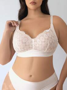Plus Size Contrast Lace Wireless Bra, 1pc, Lingerie - White - View 4