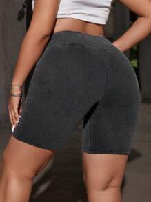 SHEIN EZwear Plus-Size Black Yoga Denim Shorts, Casual Skinny Elastic Cross-Waist Design - Black - View 2