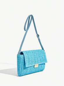 SHEIN SXY QUÝ VỊ, TÚI VAI NỮ, TÚI DỆT, Thời trang, Mùa hè, Kỳ nghỉ, Rơm, KỲ NGHỈ - Màu xanh lam - Xem 3