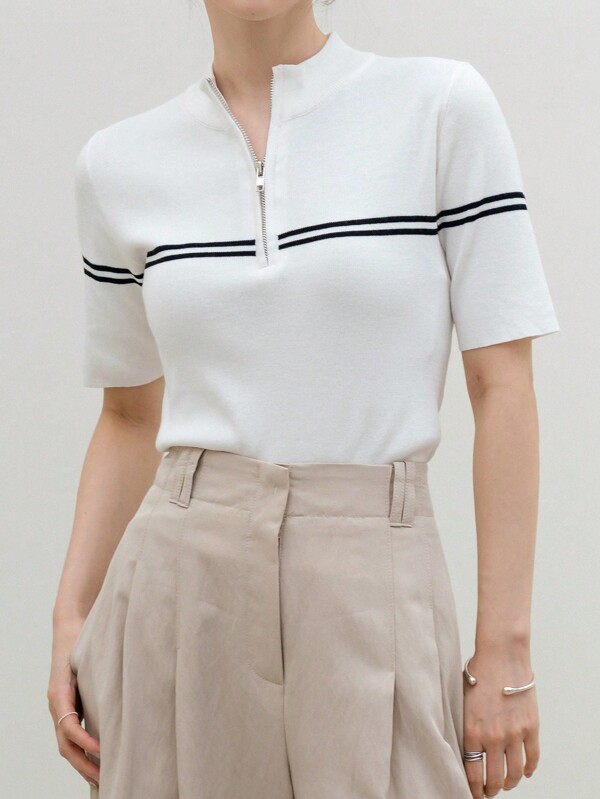 Dazy-Less Women's Zipper Half Placket Striped Short Sleeve Business Casual Knit Top Old Money Style