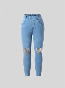 Young Girl Fashionable Sweetheart Contrast Sequin Heart Pattern Jeans