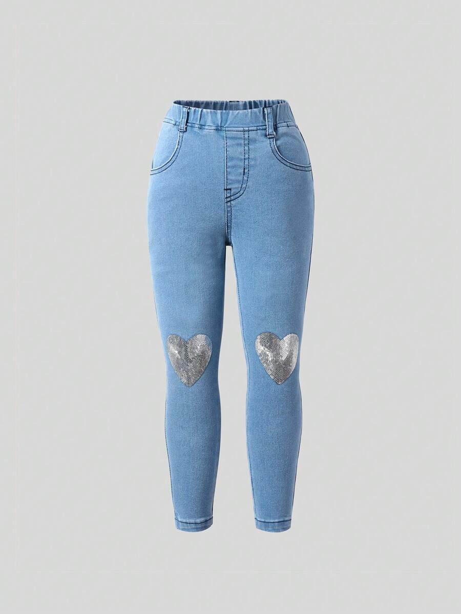 Young Girl Fashionable Sweetheart Contrast Sequin Heart Pattern Jeans