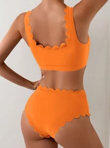 Women's Solid Color Scallop Trim Sexy Bikini Set Bathing Suit Bikini Set For Summer Beach - Burnt Orange - View 2