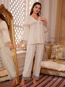 PalaceNights Contrast Embroidery Mesh Ruffle Trim Blouse & Wide Leg Pants PJ Set / Pajama Set Holiday Season, Fall Clothes - Apricot - View 4