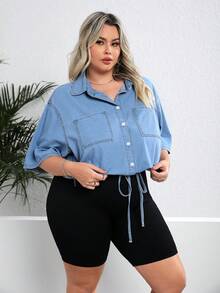 SHEIN CURVE+ 大尺碼休閒牛仔襯衫短袖藍色 - 藍色 - 查看 4