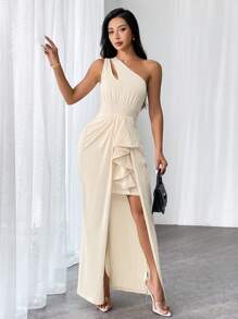 SHEIN Privé Women Elegant White Summer Seductive Party One-Shoulder Hollow Out Ruched Ruffle Overlay Dress,Elegant Commuter Casual Work Business Office Dresses - Apricot - View 5