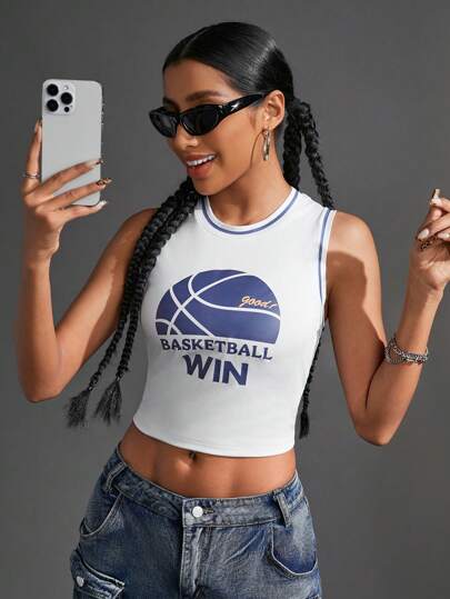 SHEIN Sports Top deportivo corto y ajustado para mujer con diseño de letras de baloncesto impreso para verano