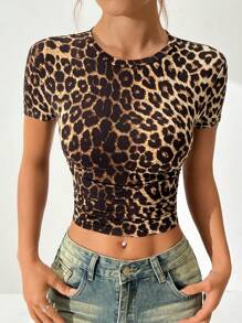 SHEIN EZwear Tricou de vară cu mânecă scurtă, cu decolteu rotund, slim fit, cu volane cu imprimeu leopard