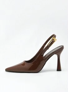 2025秋冬季女士高跟尖头时尚装饰漆皮后带高跟鞋，优雅尖头鞋跟 - 巧克力棕 - 查看 4