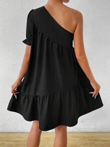 RosyDaze 女士簡約日常單色不對稱領裙裝 - 黑色 - 查看 2