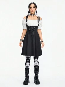 ROMWE Goth Women's Summer Off-Shoulder Strap Dress With Rope Design 2 In 1 - Black and White - View 4