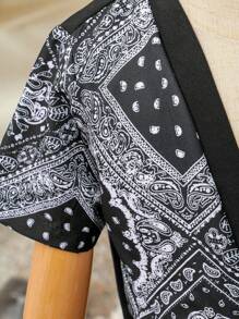 Baby Boy Paisley Printed Patchwork Short Sleeve Top And Solid Color Shorts Vacation Leisure Outfit - Black - View 3