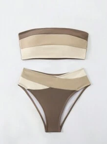 Swim Vcay Trajes de baño para mujer Conjunto de bikini sexy bandeau con bloque de color para playa de verano
