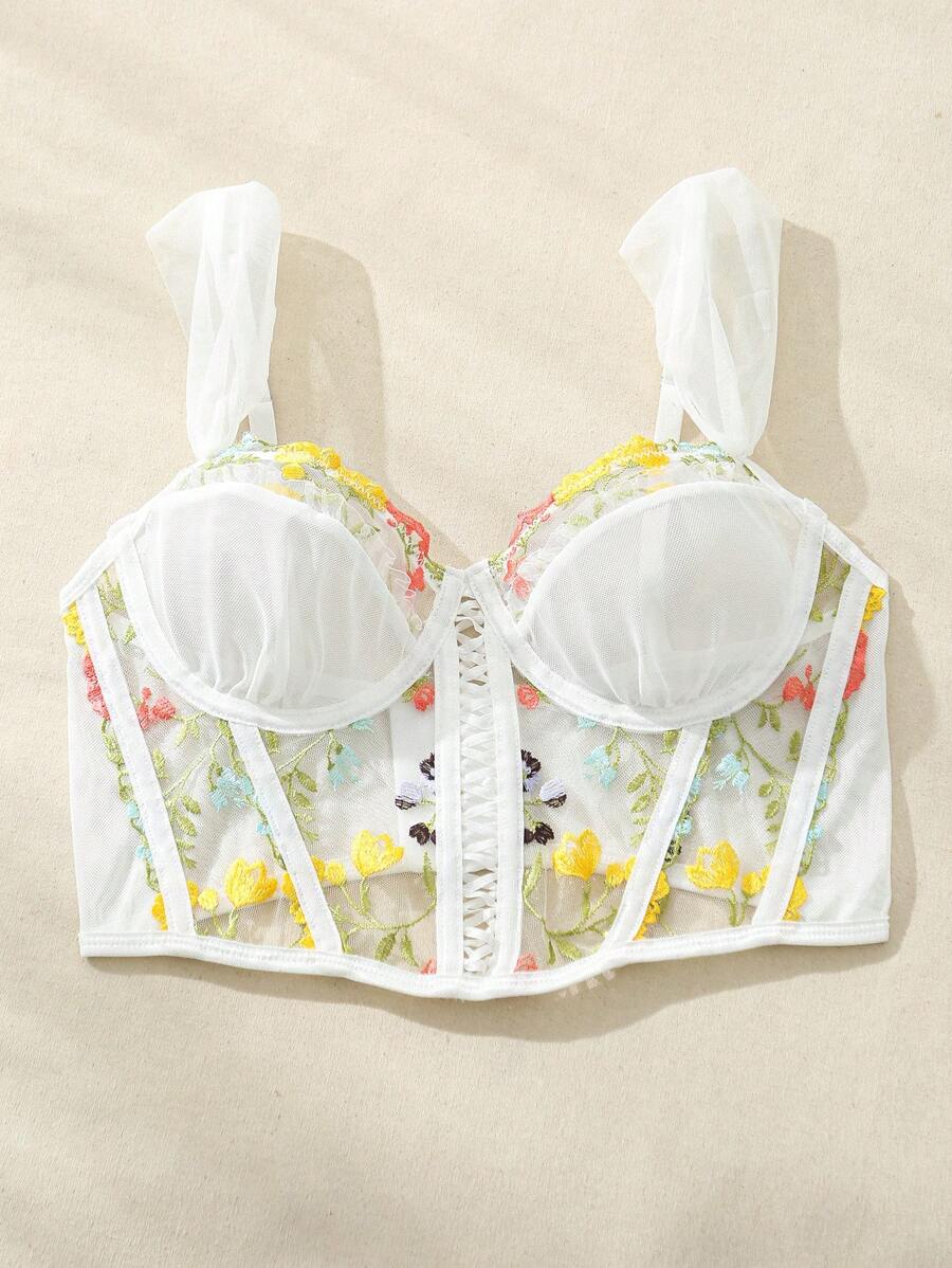 Sujetador De Lencería Transparente Con Bordado Romántico Y Malla En Contraste - Multicolor - Ver 1
